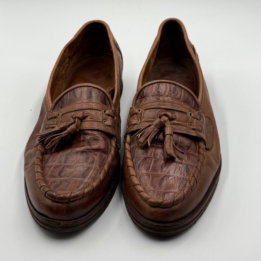 Paolo Fellicce Tassel Loafers Mens 12D Brown Leather Croc Embossed Slip On Shoes